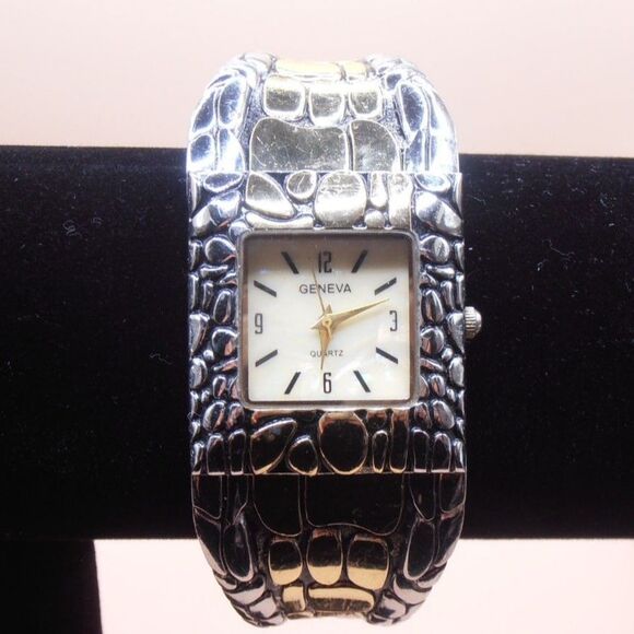 Geneva Women's Analog Watch Silver & Gold Toned Snakeskin Cuff Band - Picture 4 of 6